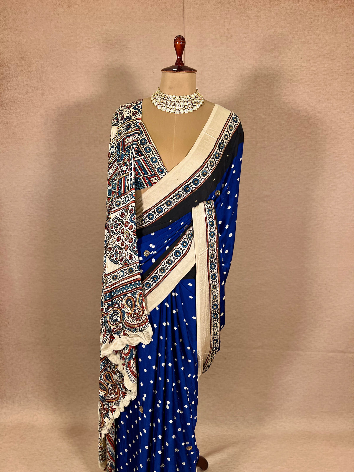 BLUE GRANDUER - Pure Modal Bandhani Ajrakh Hand Embroidered Saree