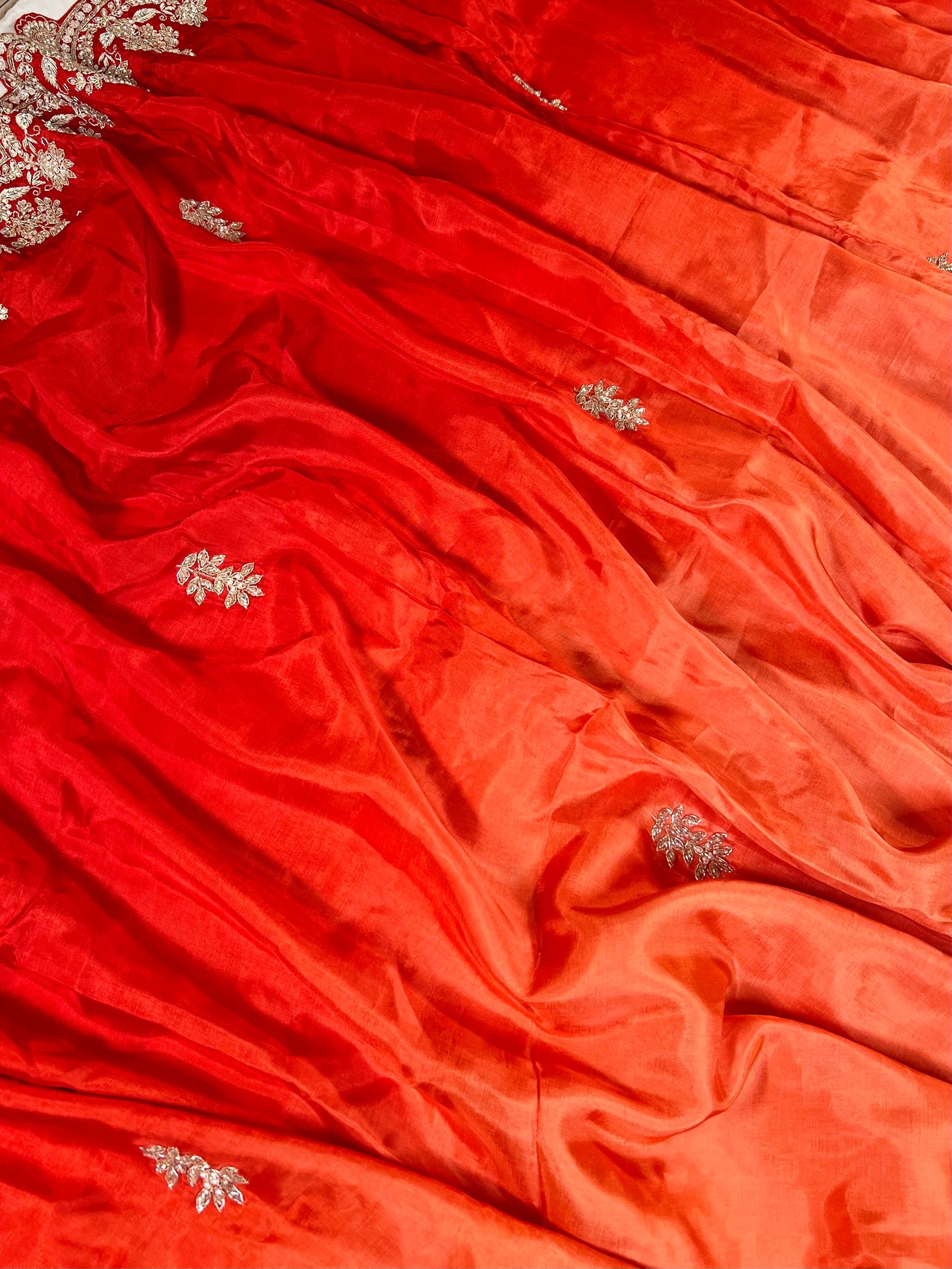 Orange - Red Ombré Zardosi Embroidered Crepe Designer Saree with Unstitched Blouse