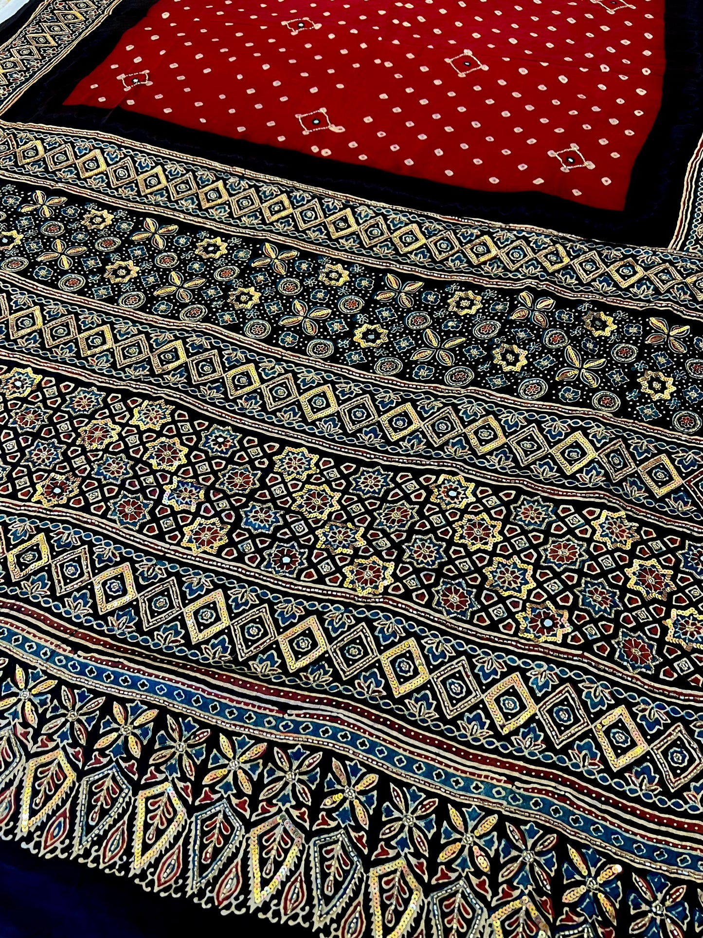 RED ROYALTY - Pure Modal Bandhani Ajrakh Hand Embroidered Saree