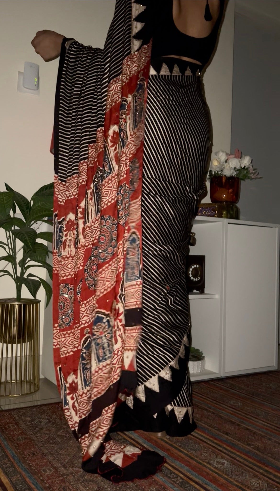 Heritage Stripes - Pure Modal Ajrakh Hand Embroidered Saree