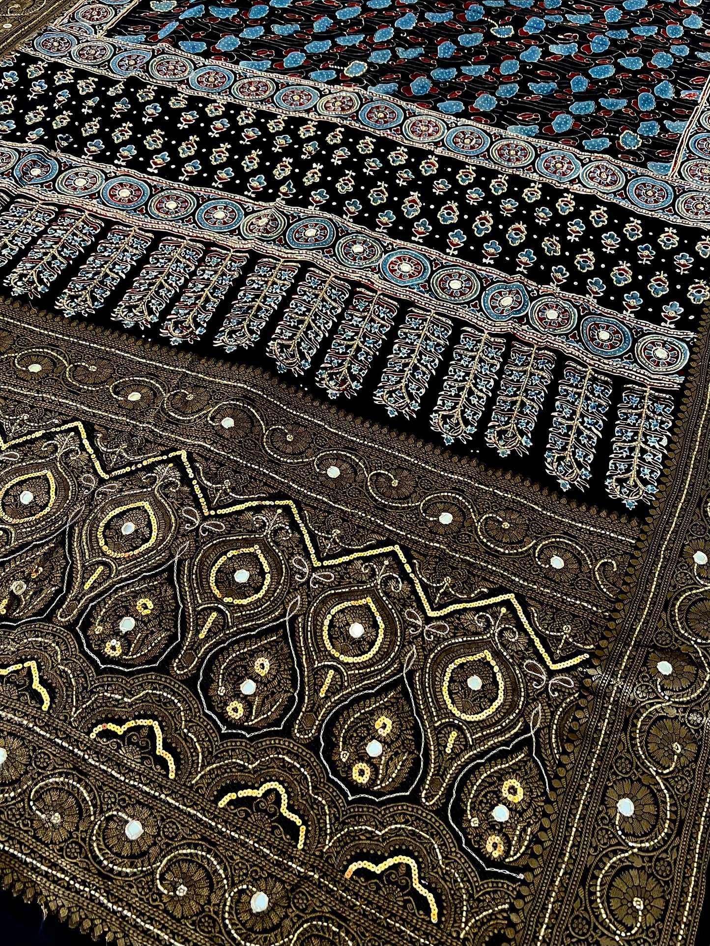 NOIR RADIANCE - Pure Dola Ajrakh Hand Embroidered Saree