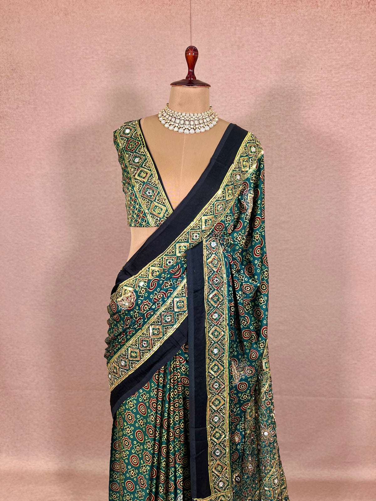 GLITTER ALLURE - Pure Modal Ajrakh Hand Embroidered Saree