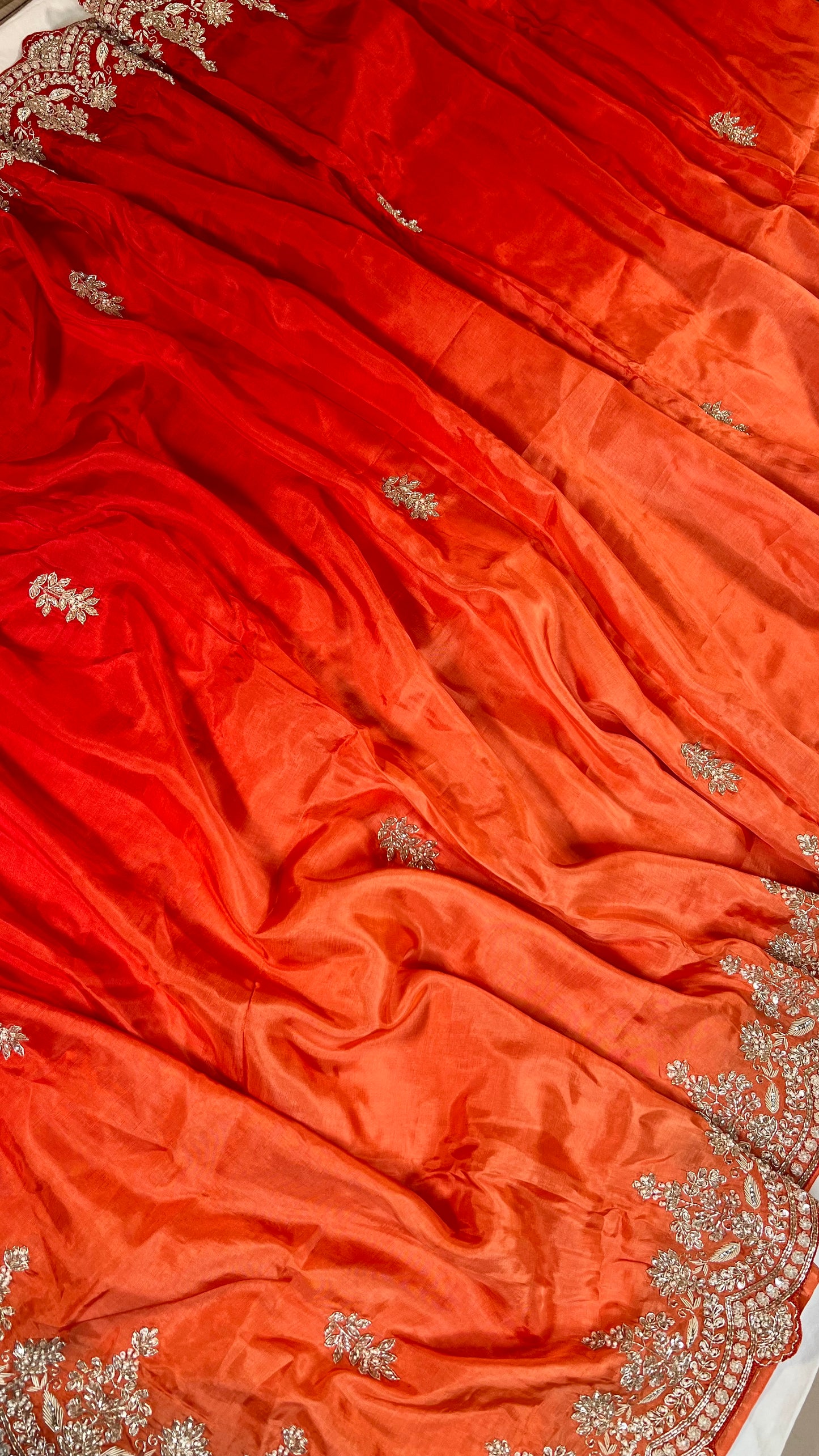 Orange - Red Ombré Zardosi Embroidered Crepe Designer Saree with Unstitched Blouse