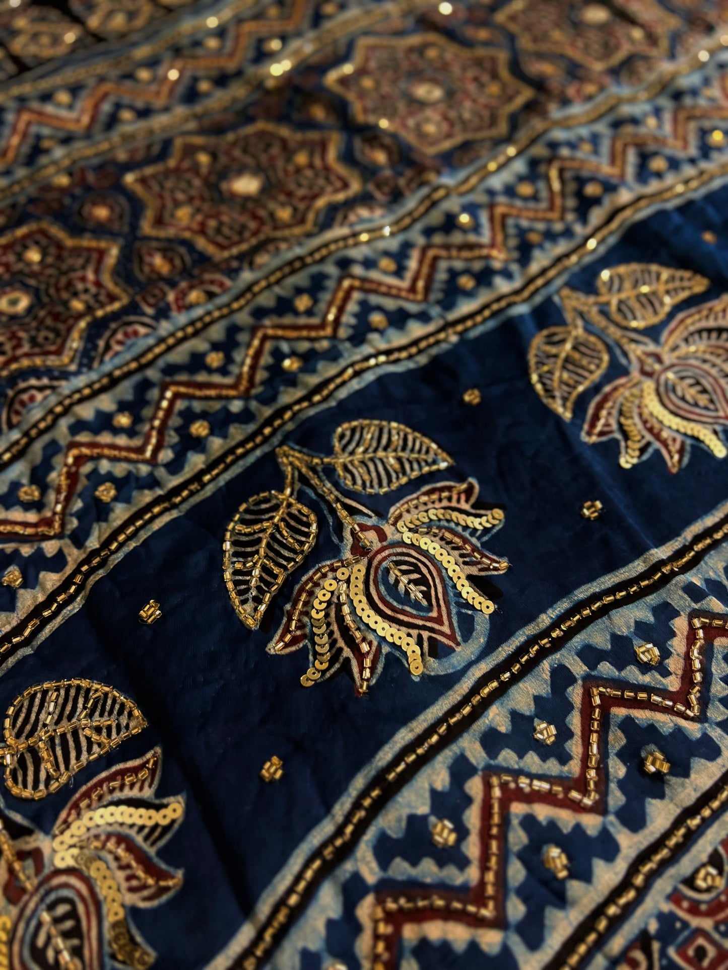AZURE MUSE - Pure Modal Ajrakh Hand Embroidered Saree