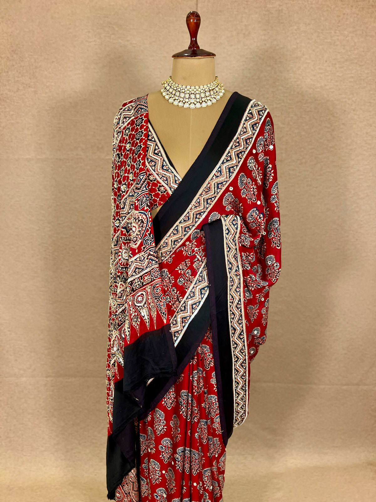 PASSION BLOOM - Pure Modal Ajrakh Hand Embroidered Saree