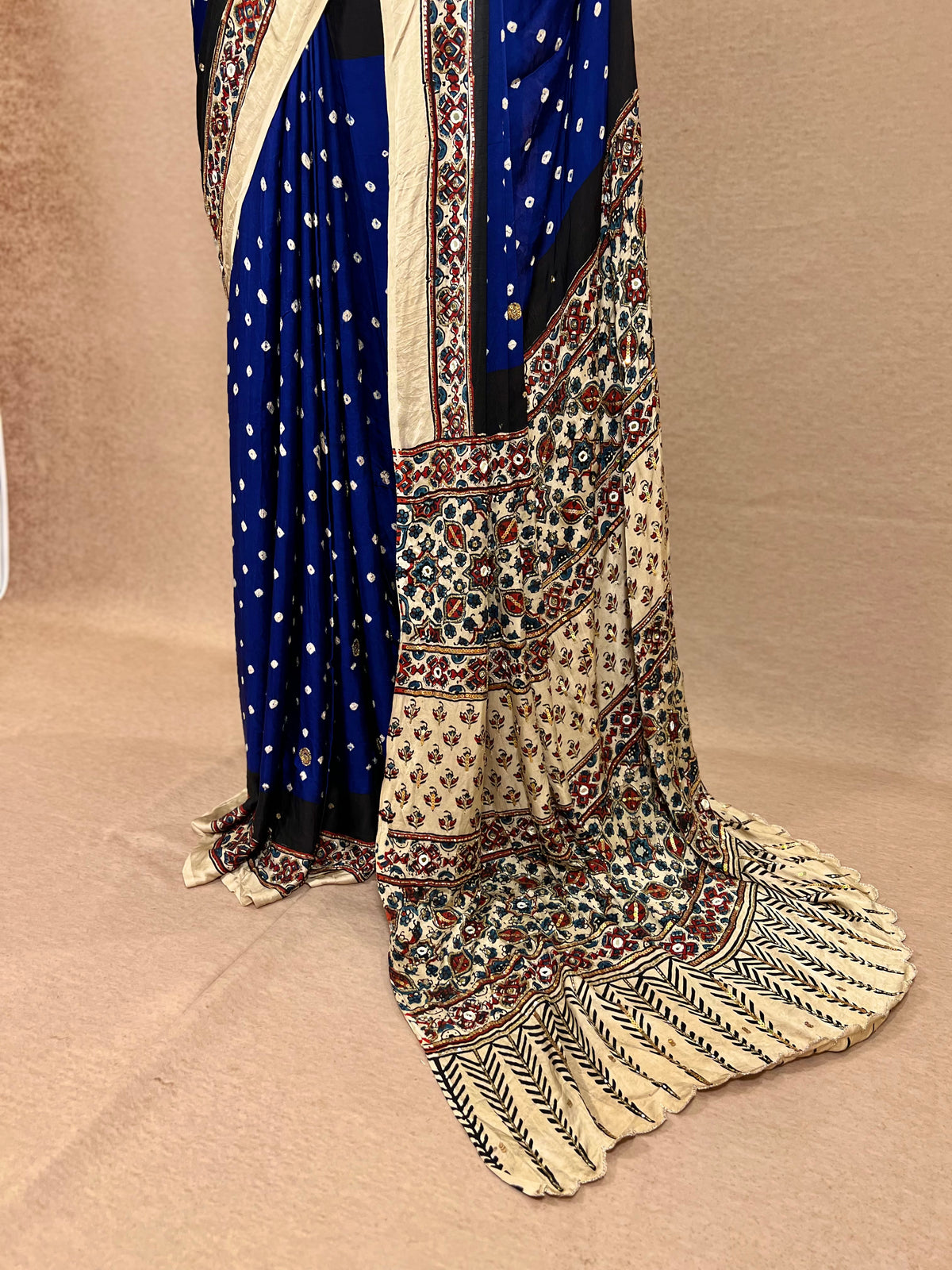 BLUE ROYALTY - Pure Modal Bandhani Ajrakh Hand Embroidered Saree