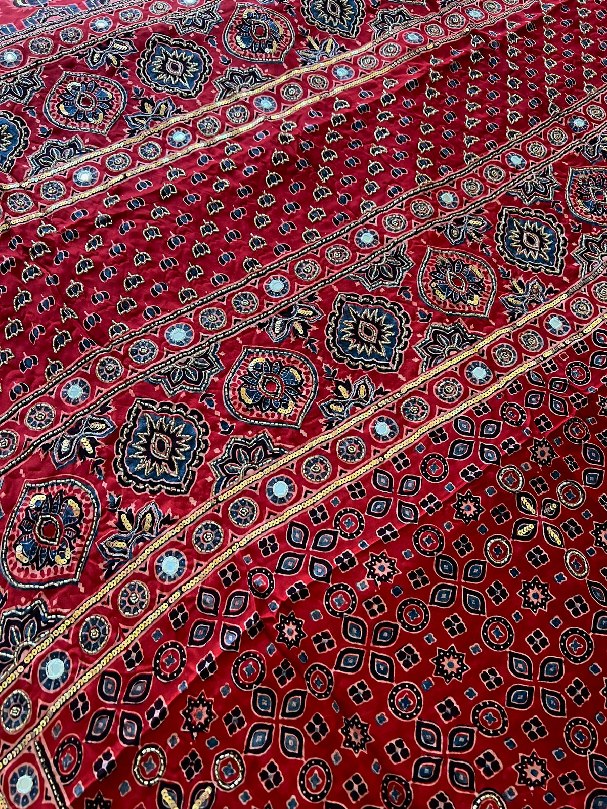 CRIMSON STARDUST - Pure Modal Ajrakh Hand Embroidered Saree