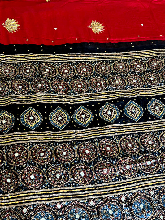 ROYAL LOTUS - Pure Modal Ajrakh Hand Embroidered Saree