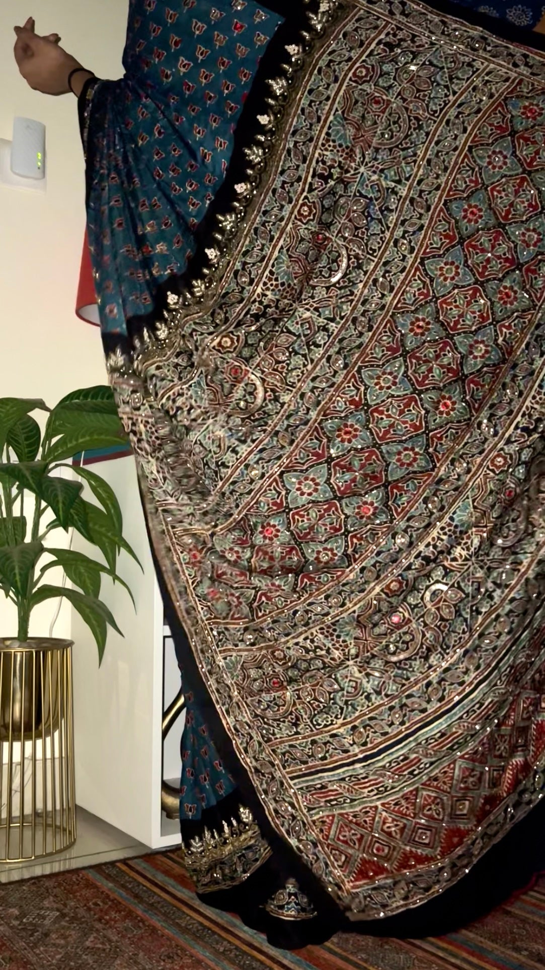 BLUE MEADOW - Pure Modal Ajrakh Hand Embroidered Saree