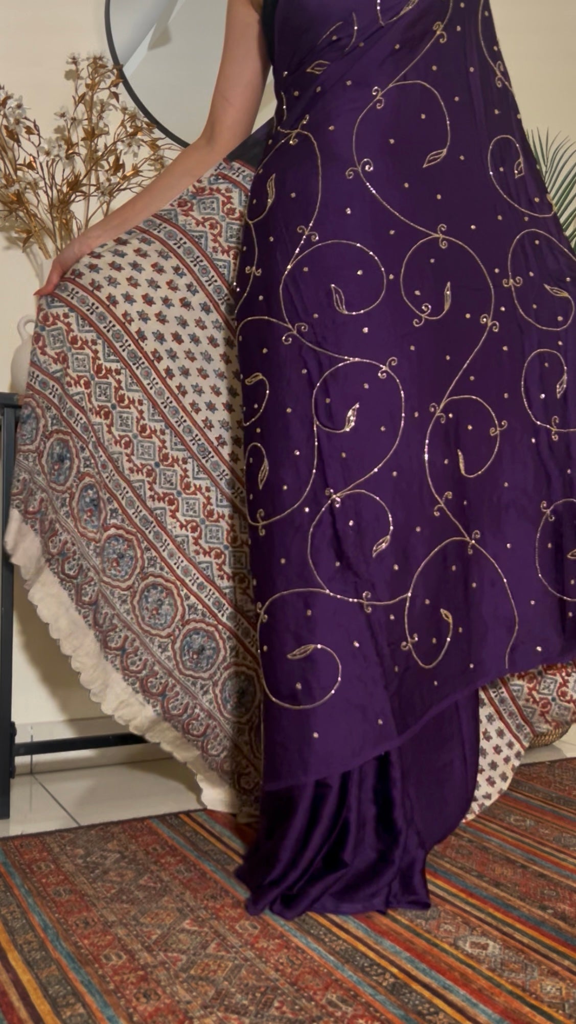 MOONLIT AMETHYST - Pure Modal Ajrakh Hand Embroidered Saree