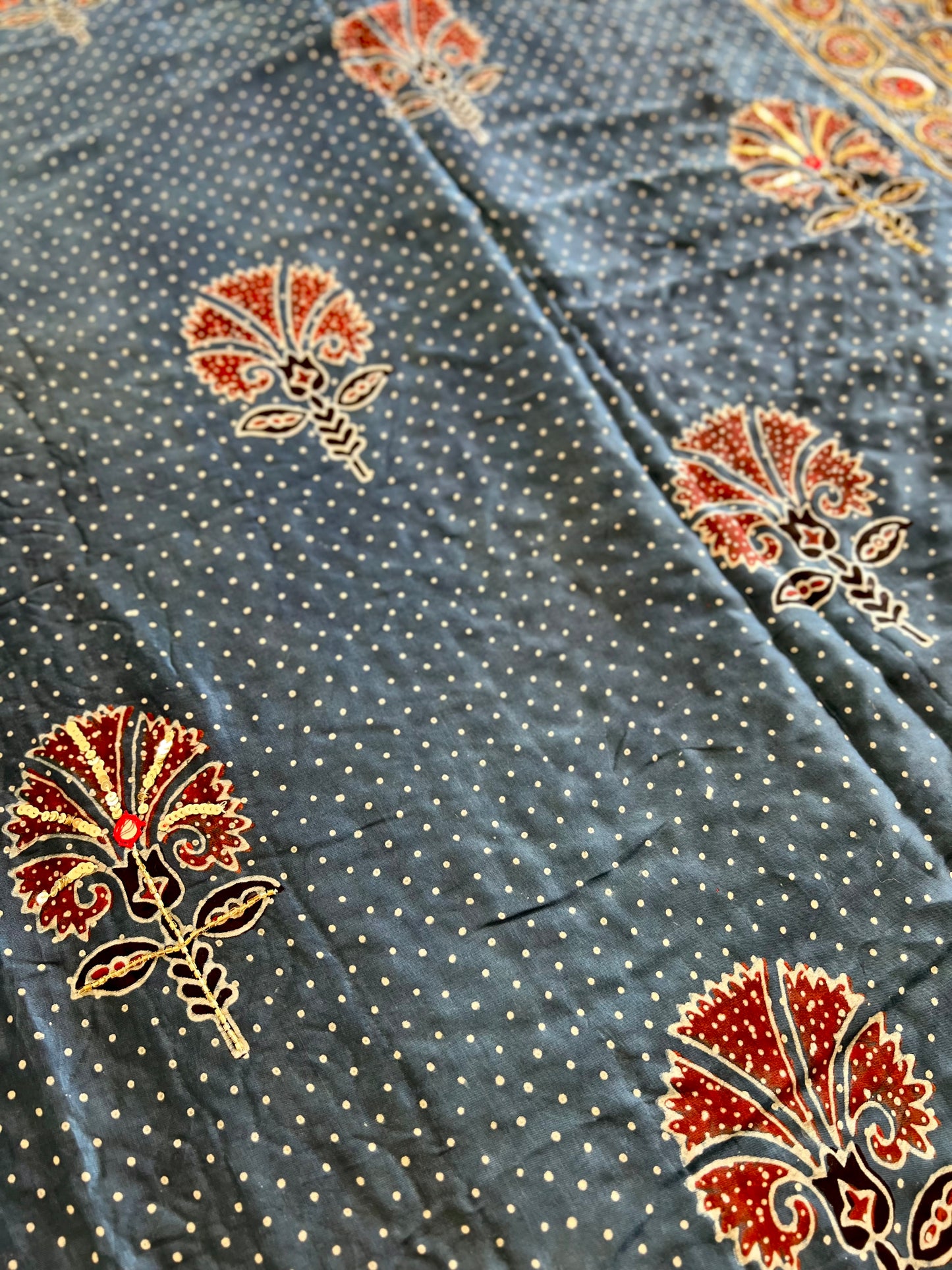 Royal Blossom - Pure Modal Ajrakh Hand Embroidered Saree