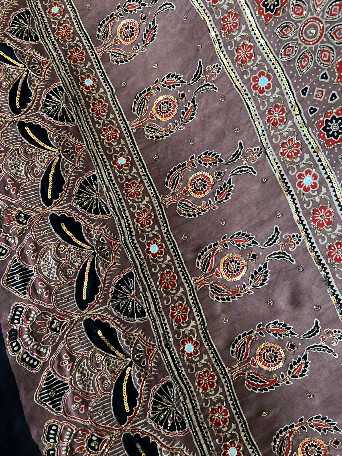 CHESTNUT DREAM - Pure Modal Ajrakh Hand Embroidered Saree