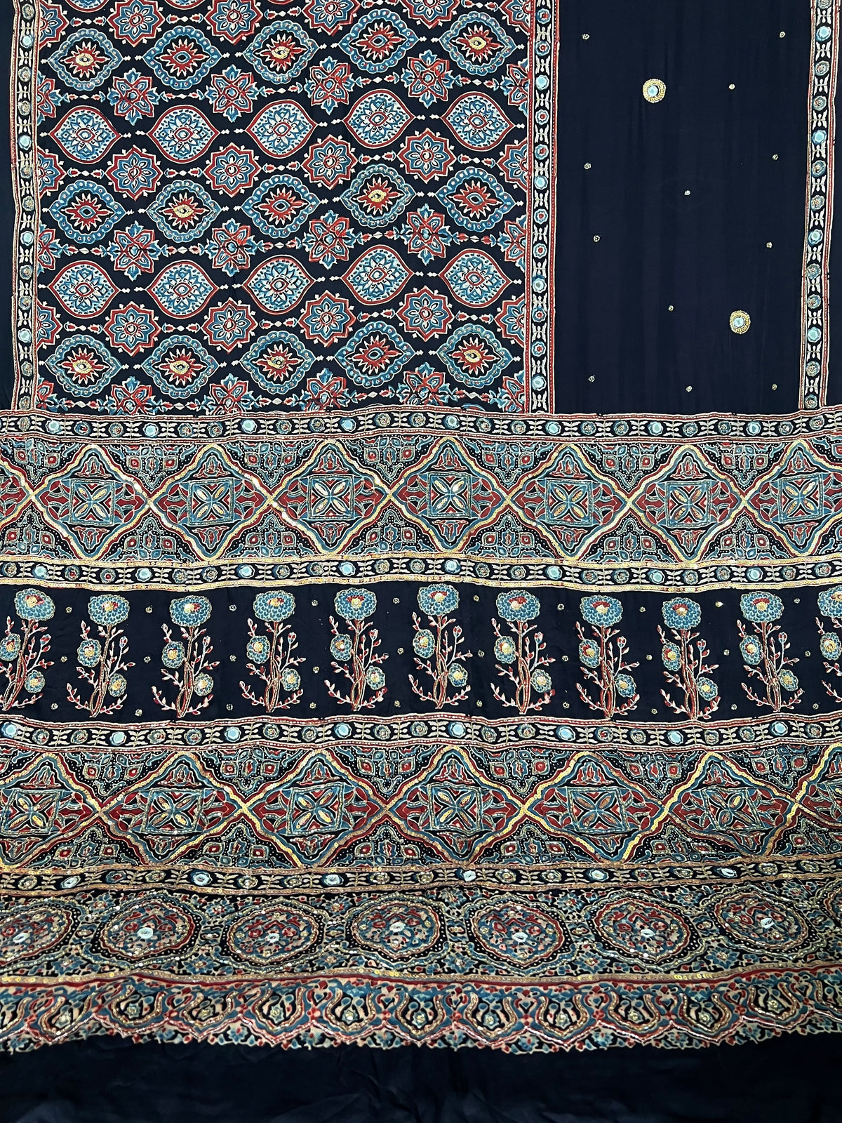 NIGHT WHISPER - Pure Modal Ajrakh Hand Embroidered Saree