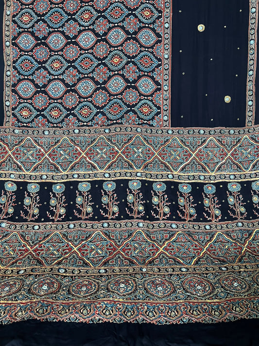 NIGHT WHISPER - Pure Modal Ajrakh Hand Embroidered Saree