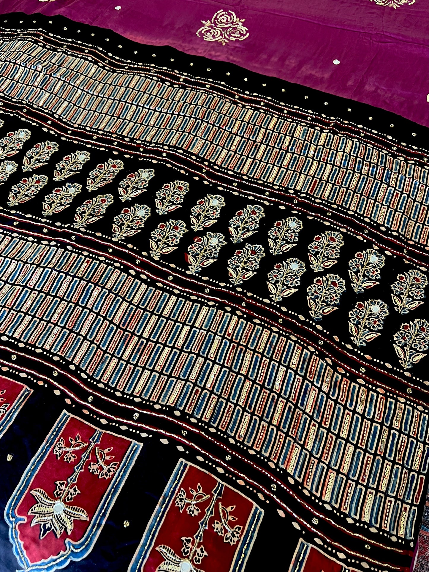 MULBERRY ROSE - Pure Modal Ajrakh Hand Embroidered Saree