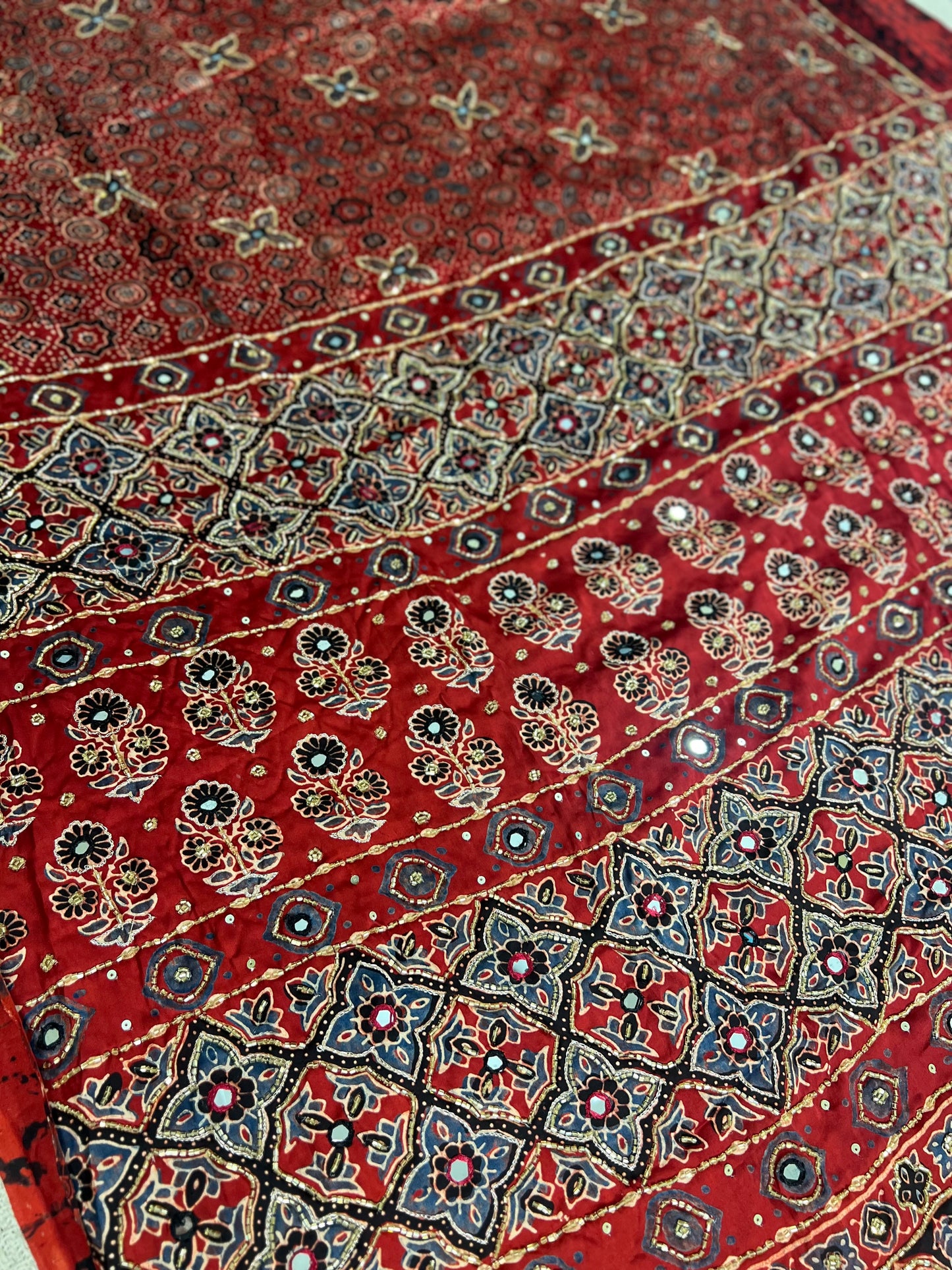 Red Pure Modal Ajrakh Hand Embroidered Saree