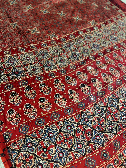 Red Pure Modal Ajrakh Hand Embroidered Saree
