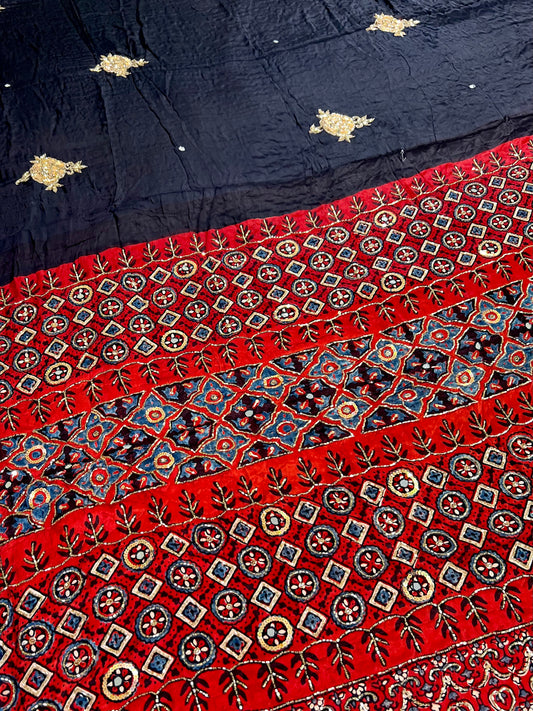 TWILIGHT ROSE - Pure Modal Ajrakh Hand Embroidered Saree