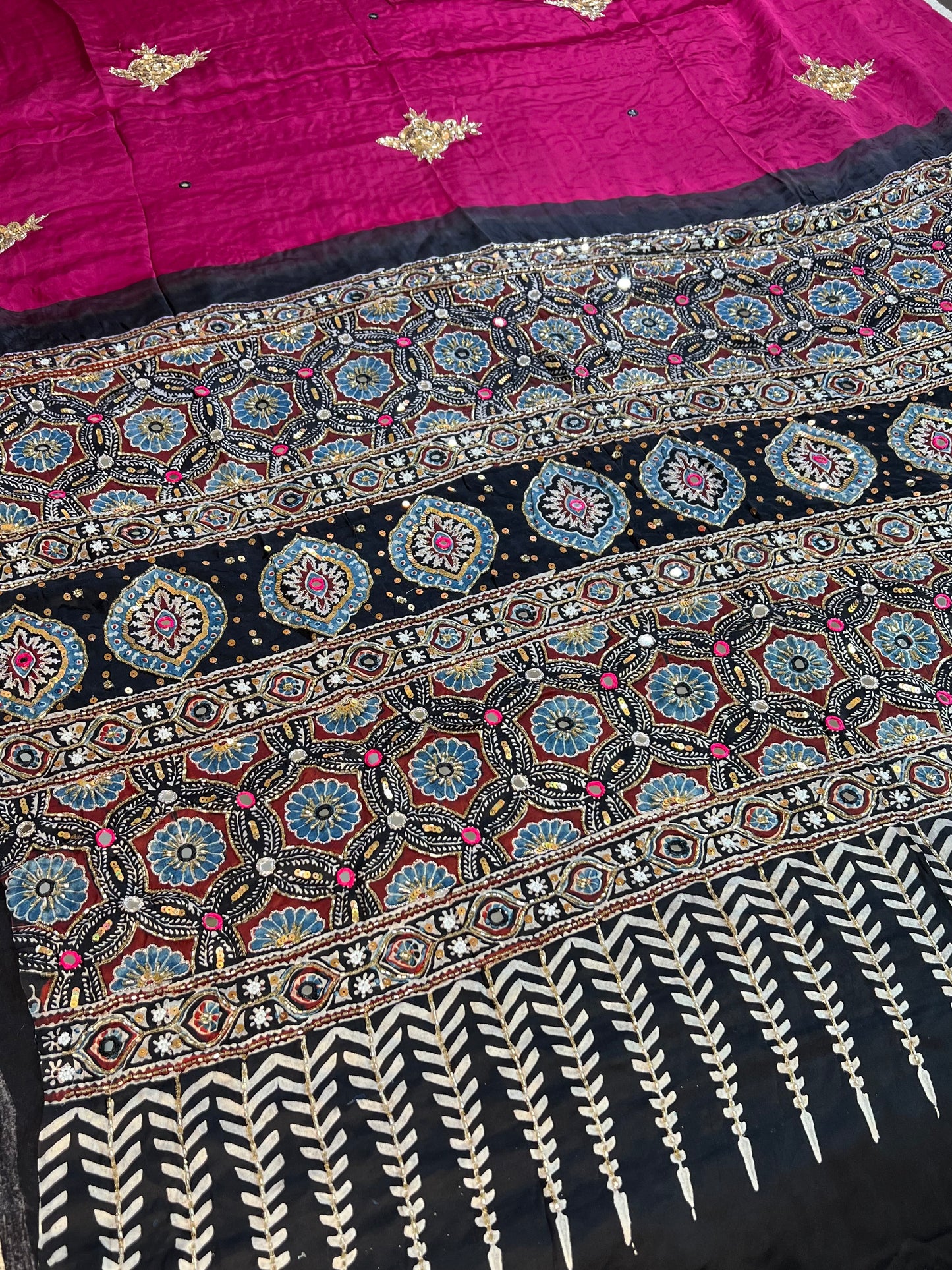 RANI ROSE - Pure Modal Ajrakh Hand Embroidered Saree