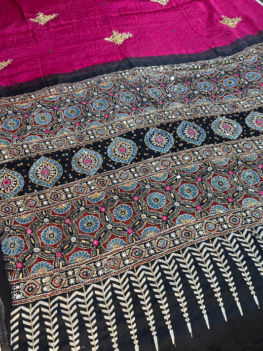 RANI ROSE - Pure Modal Ajrakh Hand Embroidered Saree