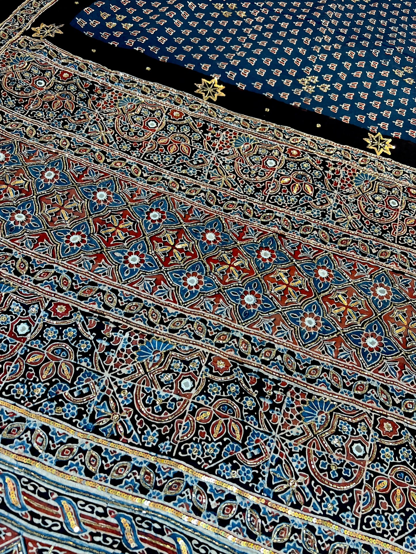 COBALT BLOOM - Pure Modal Ajrakh Hand Embroidered Saree