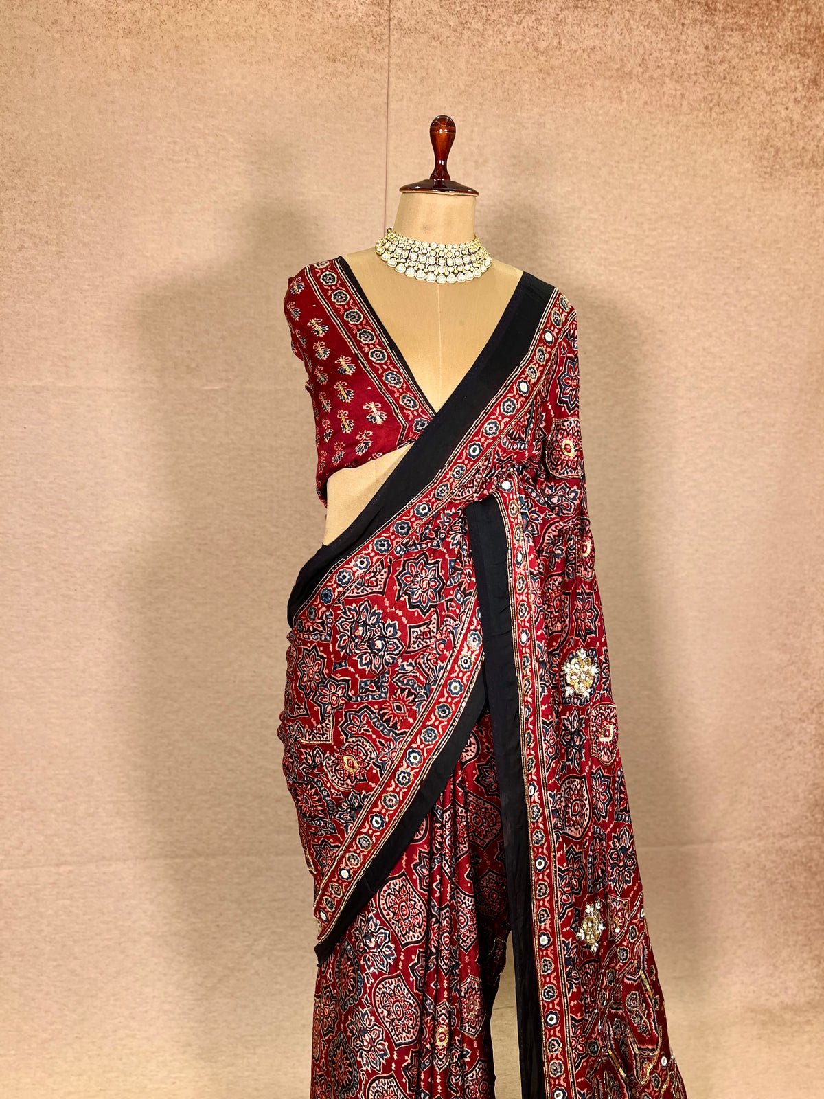 CARMINE MUSE - Pure Modal Ajrakh Hand Embroidered Saree