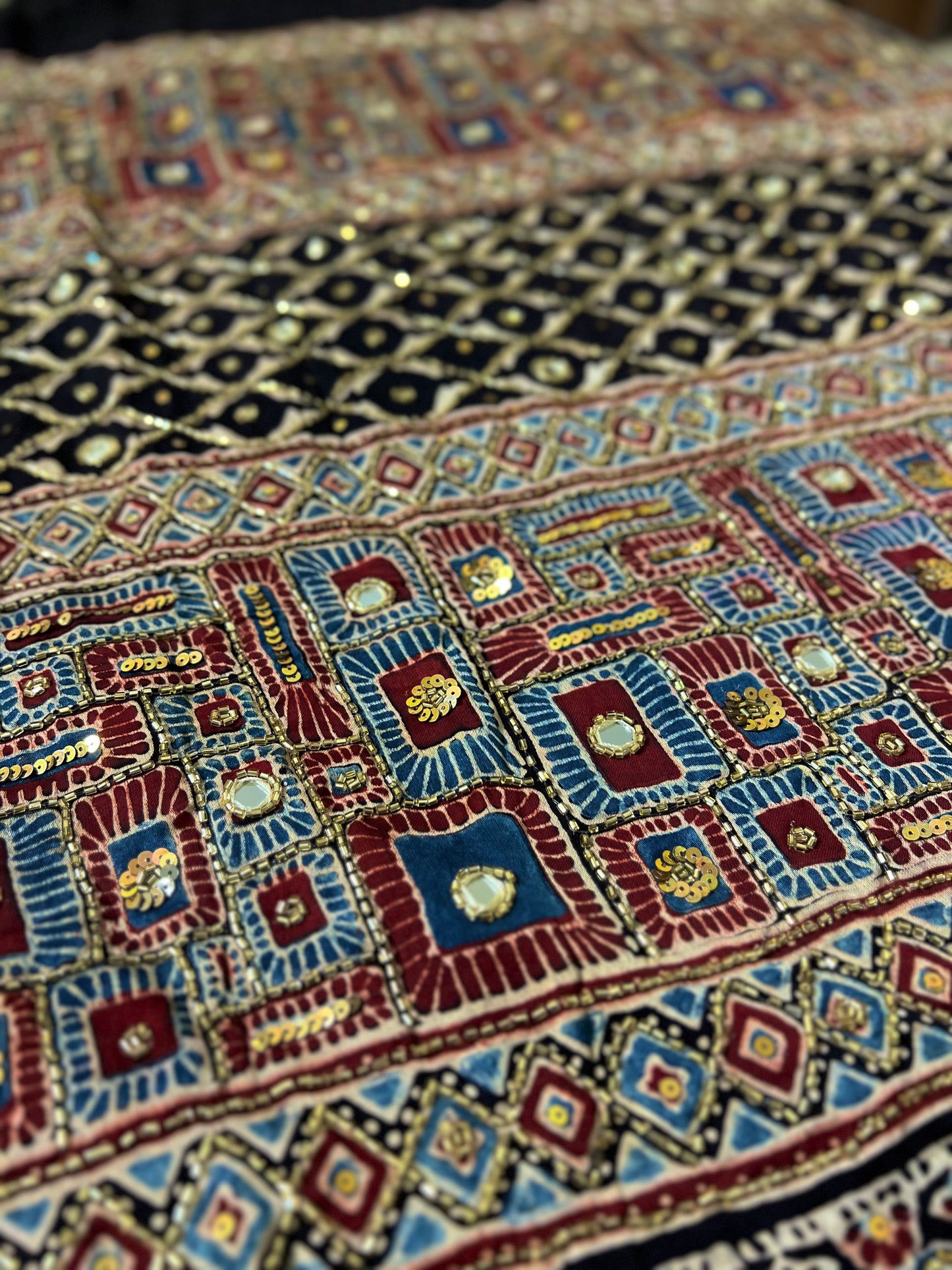 COSMIC LOTUS - Pure Modal Ajrakh Hand Embroidered Saree