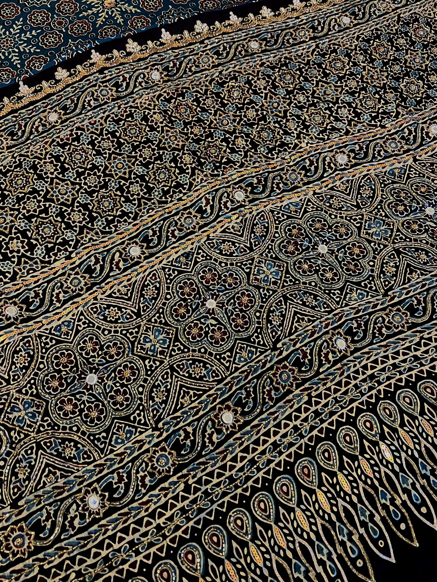 OCEAN MIST - Pure Modal Ajrakh Hand Embroidered Saree