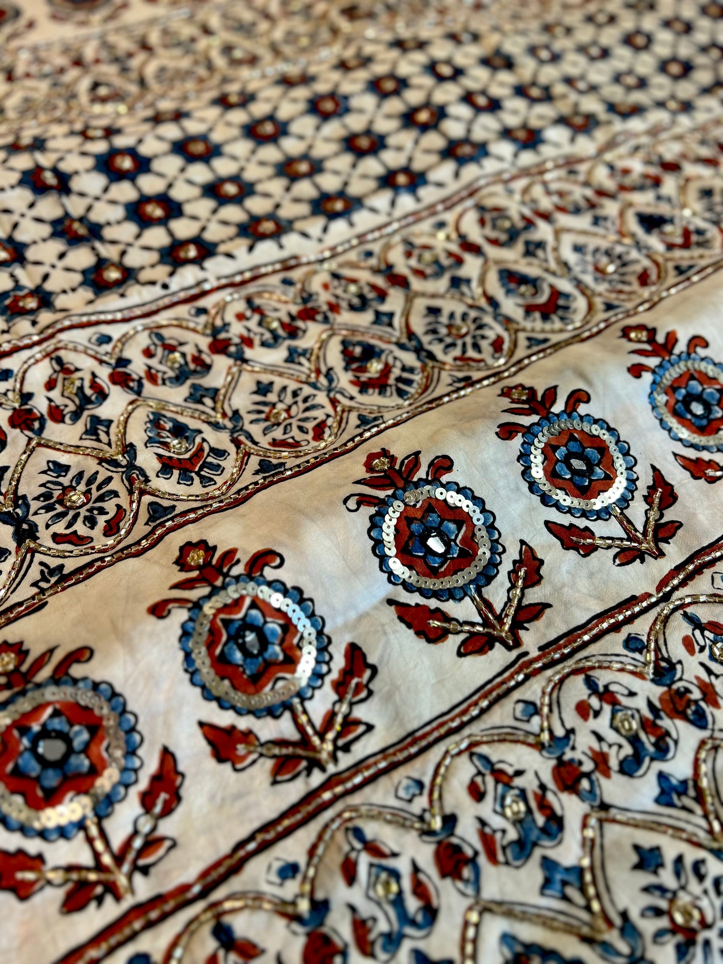 PEARL ORCHID - Pure Modal Ajrakh Hand Embroidered Saree