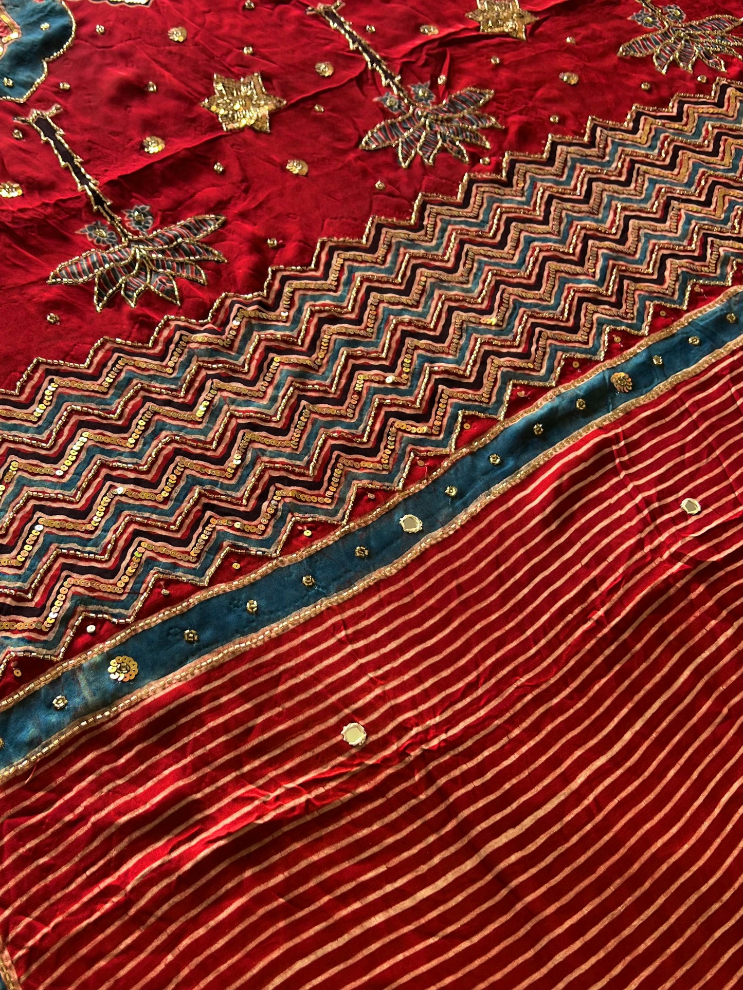 RUBY RADIANCE - Pure Modal Ajrakh Hand Embroidered Saree