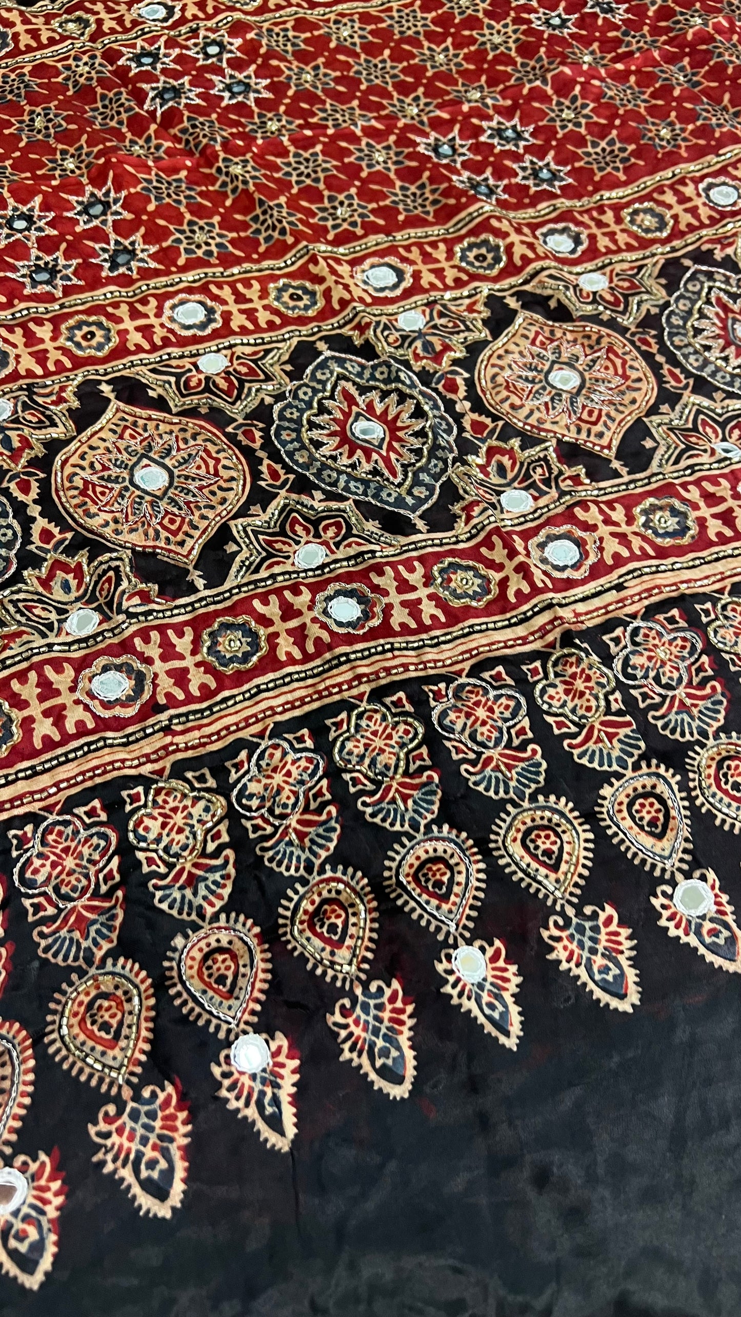 Cream and Black Striped Modal Ajrakh Hand Embroidered Saree with Red and Black Motifs