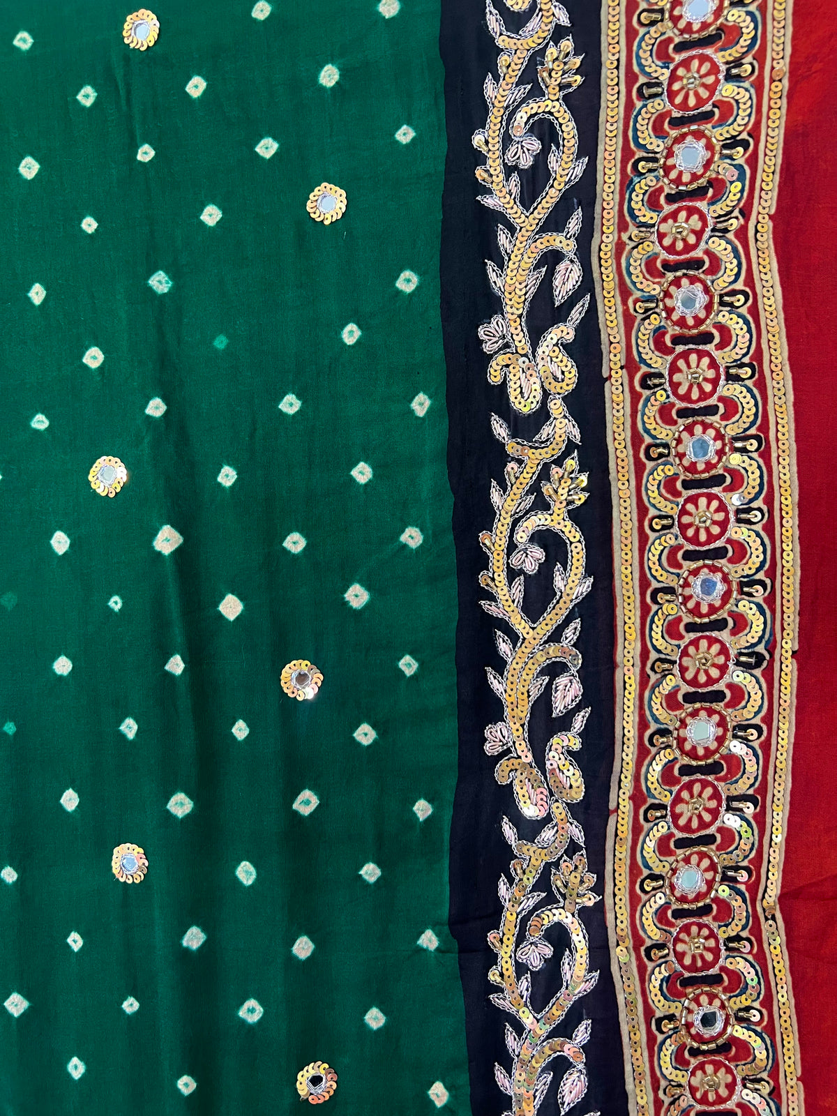 GREEN OPULENCE - Pure Modal Bandhani Ajrakh Hand Embroidered Saree
