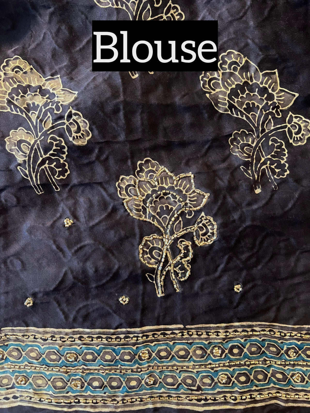 SMOKEY LAGOON - Pure Modal Ajrakh Hand Embroidered Saree