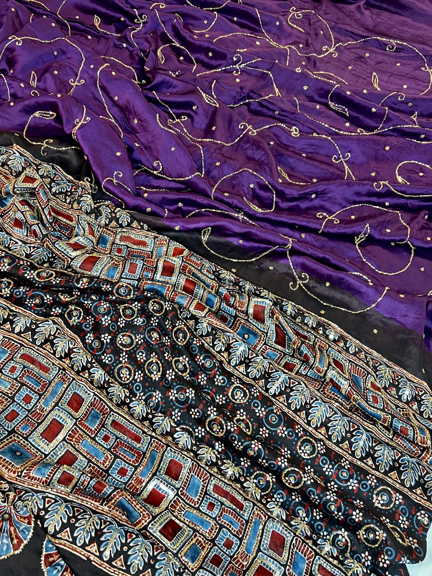 MIDNIGHT AMETHYST - Pure Modal Ajrakh Hand Embroidered Saree