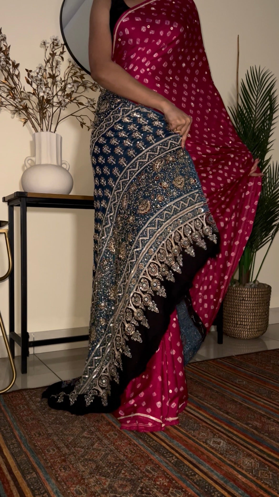 PINK ROYALE BANDHANI - Pure Modal Bandhani Ajrakh Hand Embroidered Saree