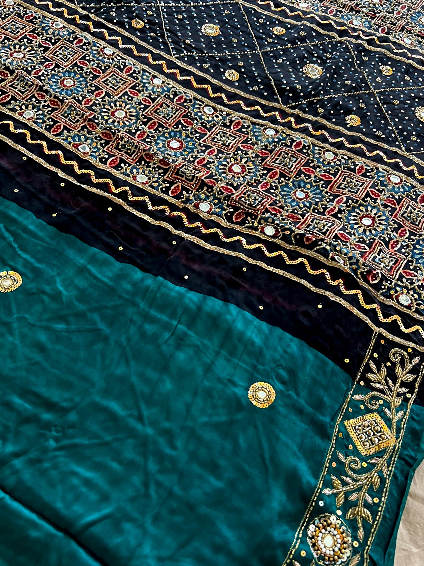 JADE OBSESSION - Pure Modal Ajrakh Hand Embroidered Saree