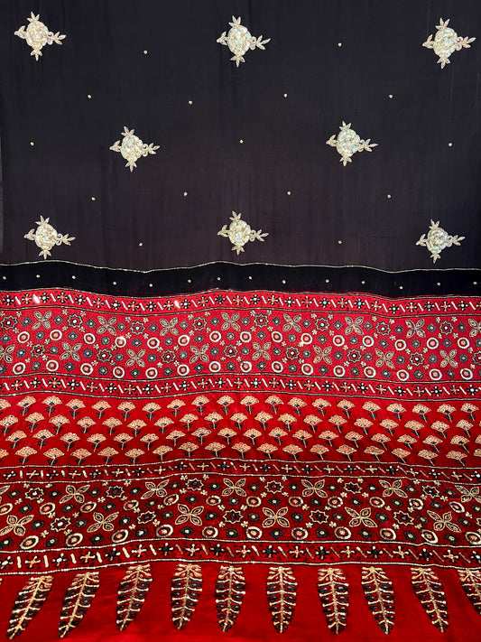 ASTRAL ROSE - Pure Modal Ajrakh Hand Embroidered Saree