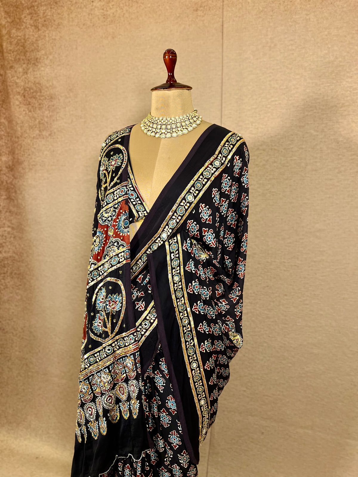 SPARKLE BLOOM - Pure Modal Ajrakh Hand Embroidered Saree