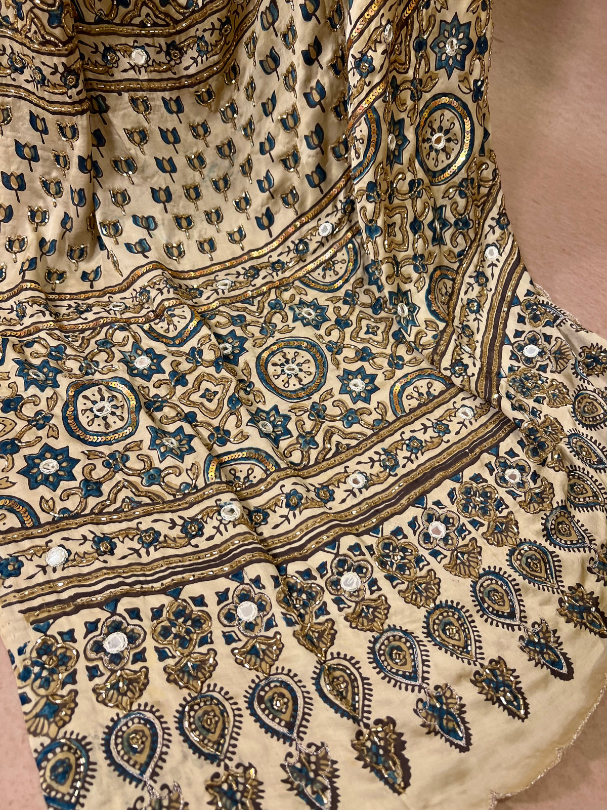 IVORY DREAMSCAPE - Pure Modal Ajrakh Hand Embroidered Saree