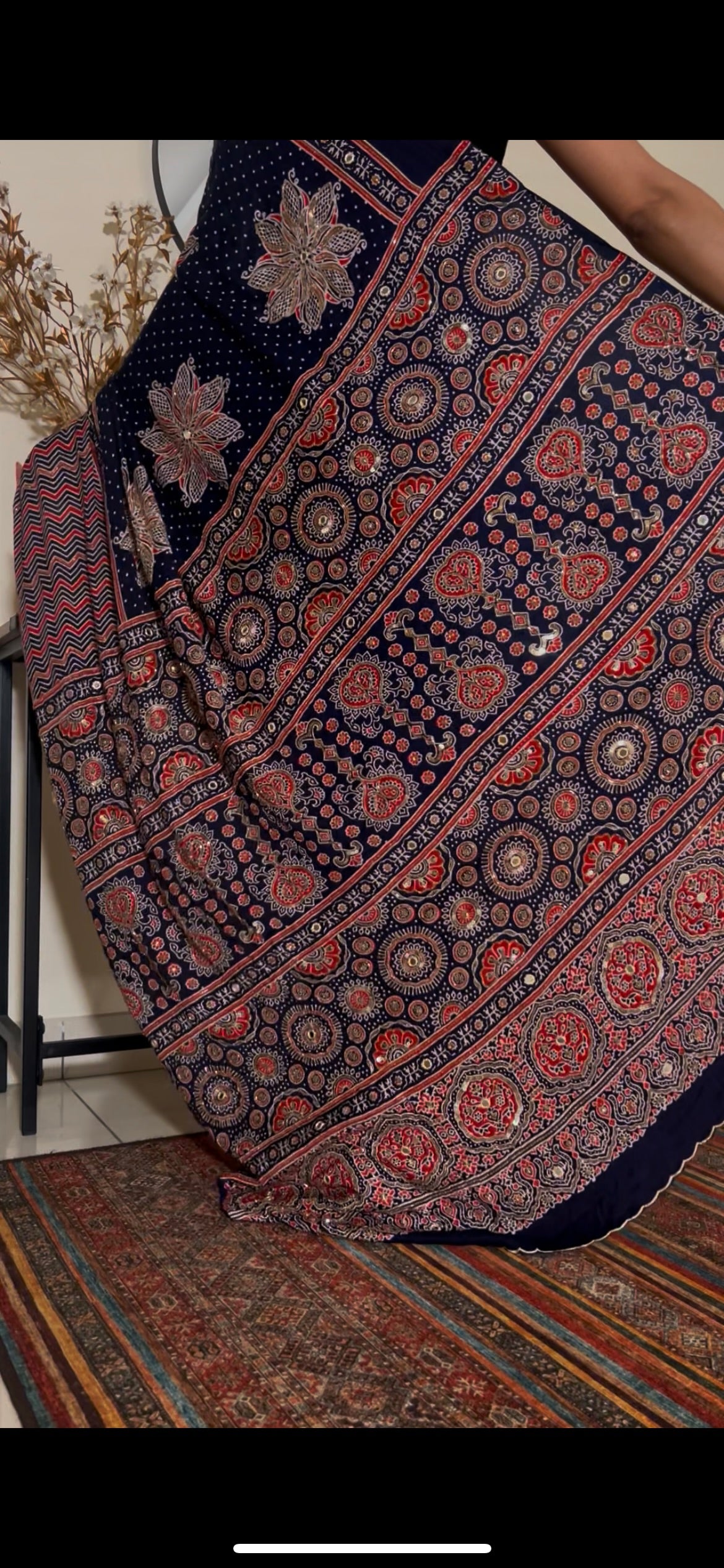MIDNIGHT BLOSSOM - Pure Modal Ajrakh Hand Embroidered Saree