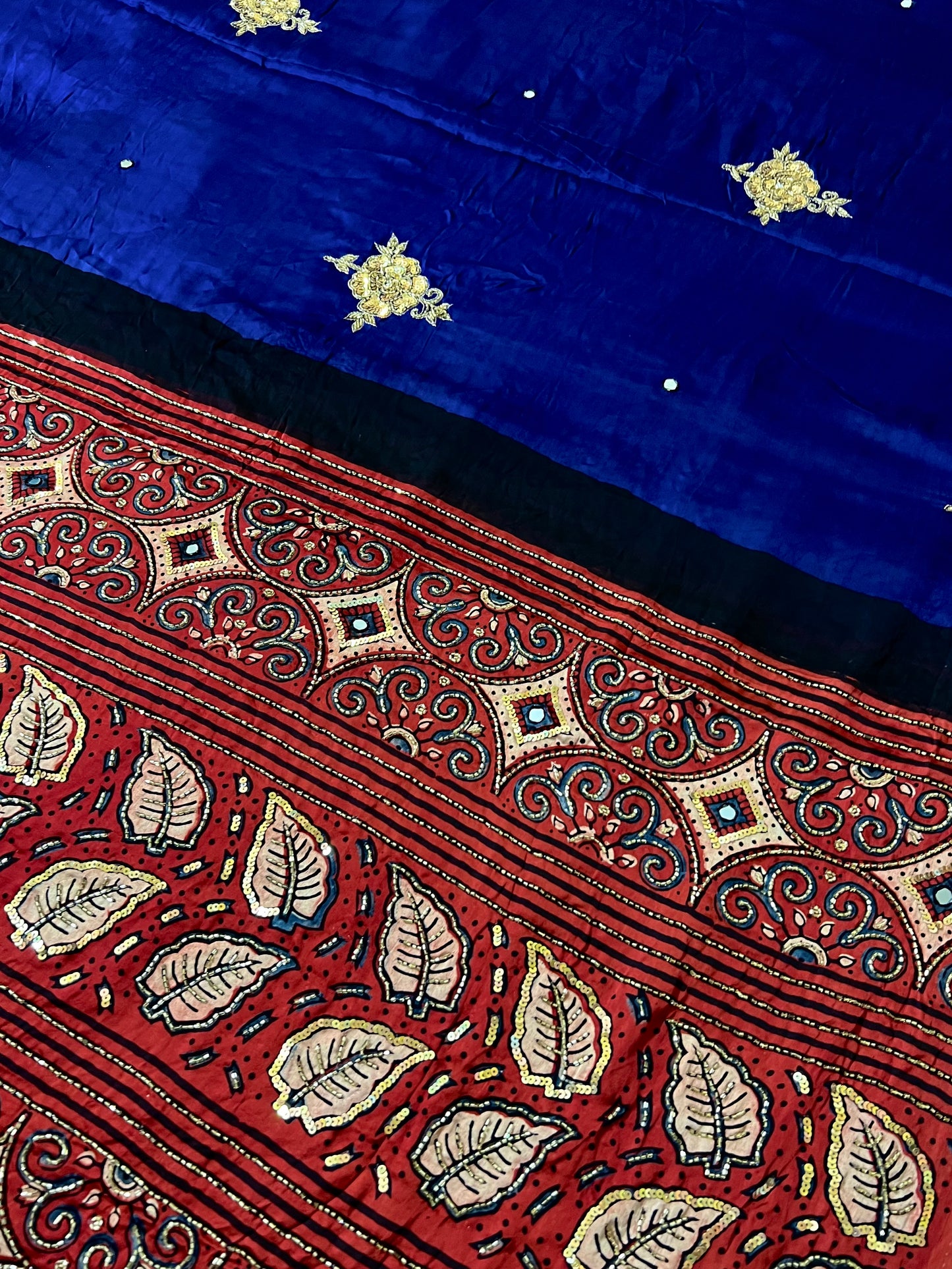 ROYAL ROSE - Pure Modal Ajrakh Hand Embroidered Saree
