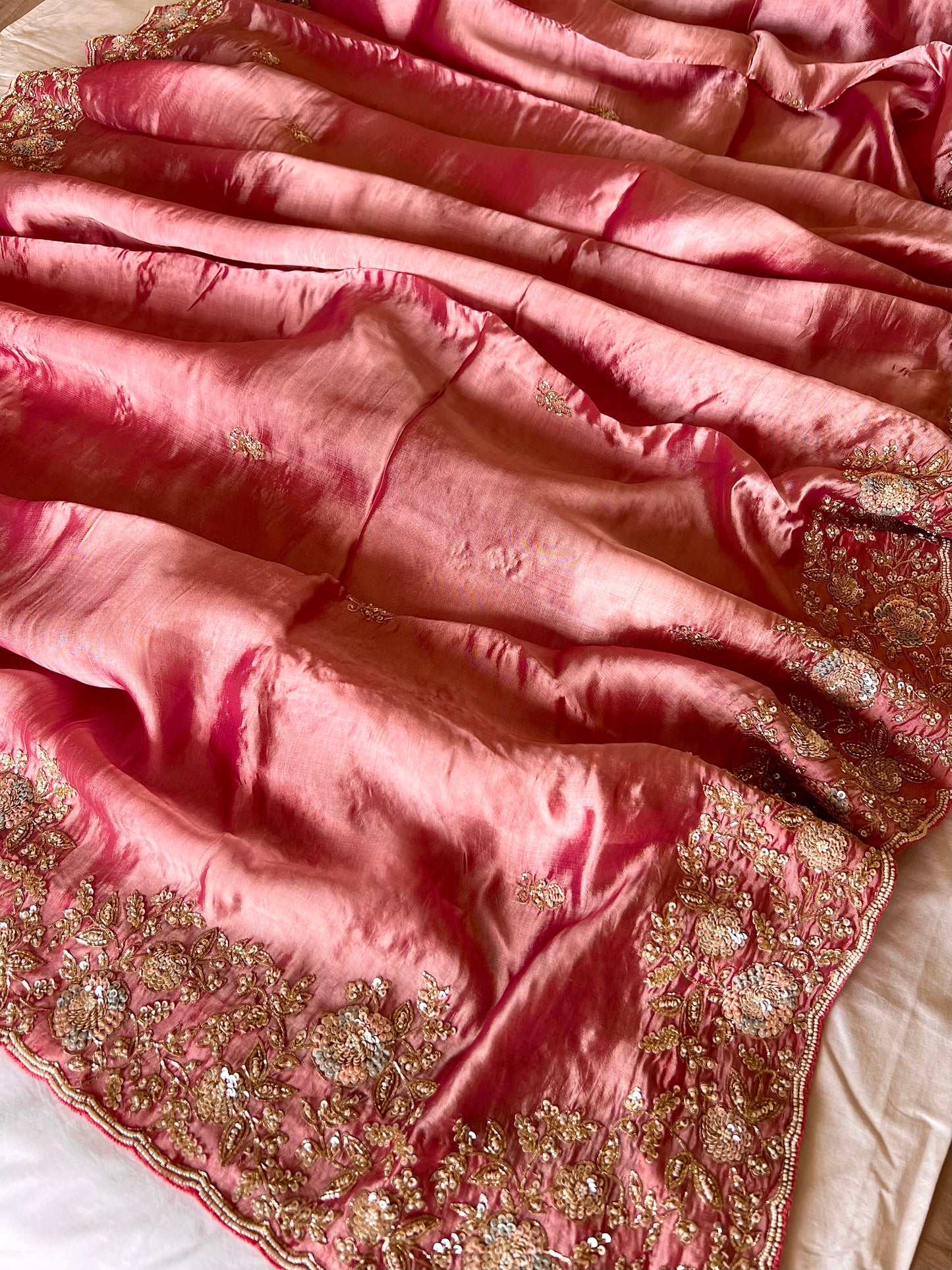 SHABNAM - Pure Chinnon Satin Zardosi Pitta Hand Embroidered Saree