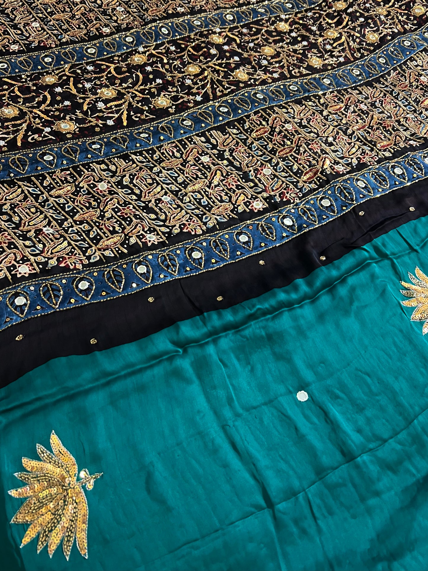 JADE LOTUS - Pure Modal Ajrakh Hand Embroidered Saree