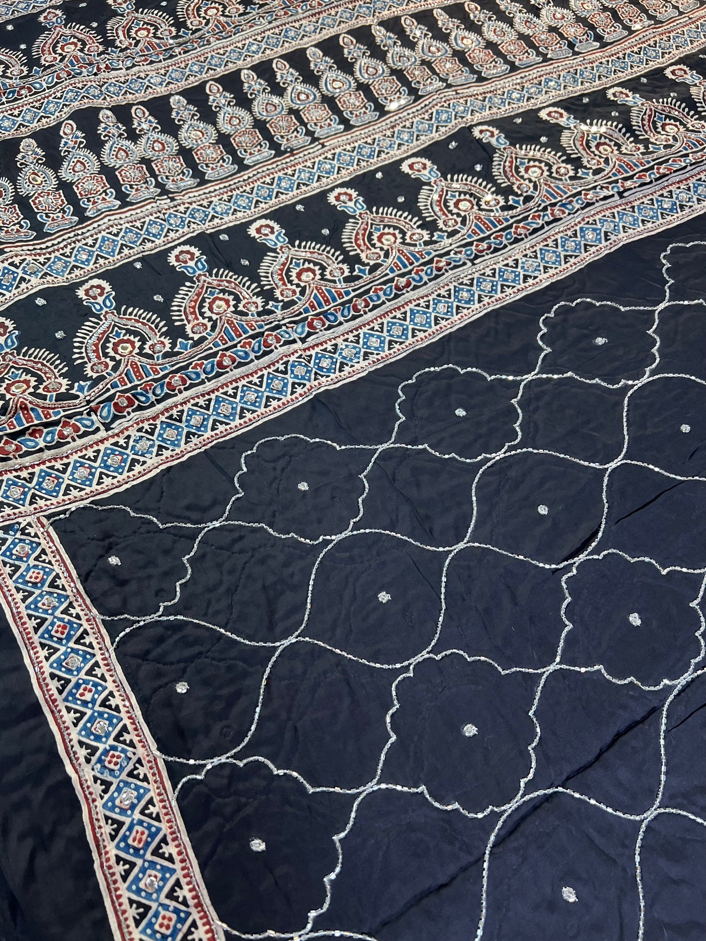 STARDUST - Pure Modal Ajrakh Hand Embroidered Saree