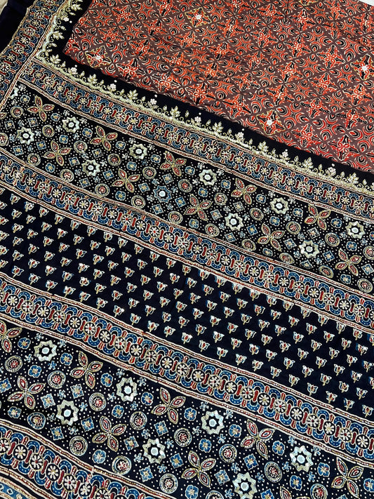 EARTH & EMBER - Pure Modal Ajrakh Hand Embroidered Saree