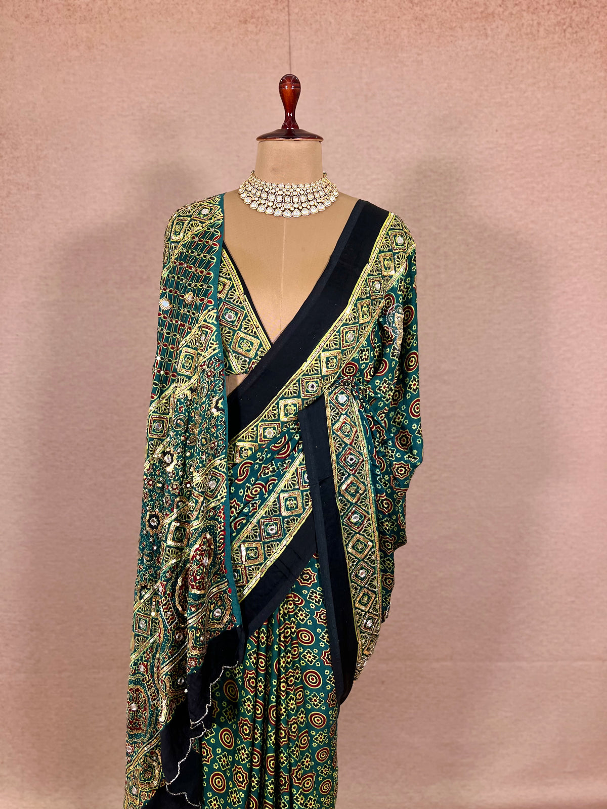 GLITTER ALLURE - Pure Modal Ajrakh Hand Embroidered Saree