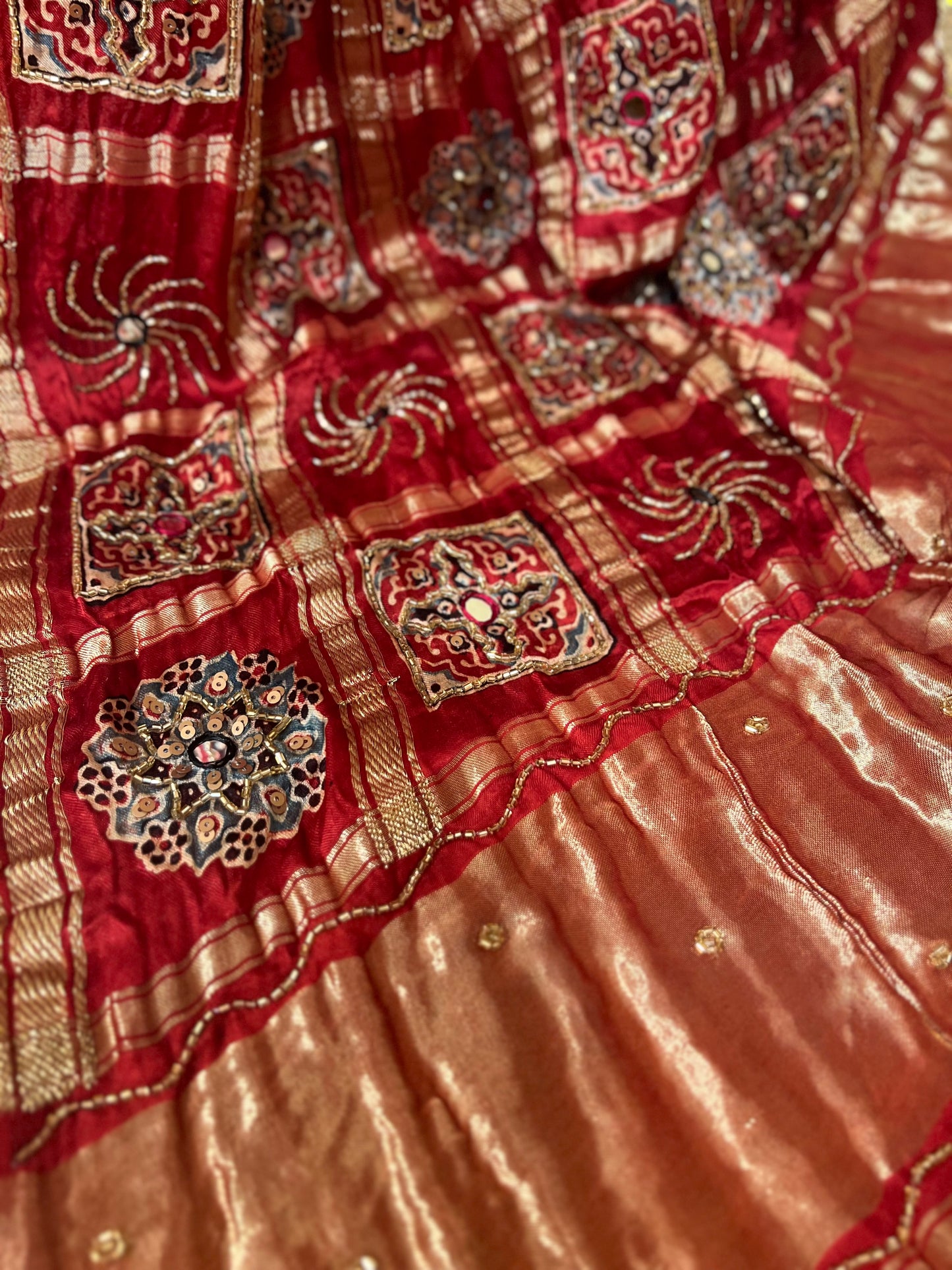 Red Stripes Pure Modal Ajrakh Hand Embroidered Saree