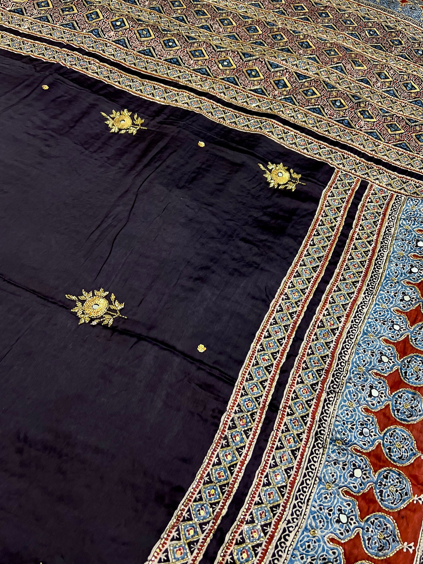 MIDNIGHT LUXE - Pure Modal Ajrakh Hand Embroidered Saree