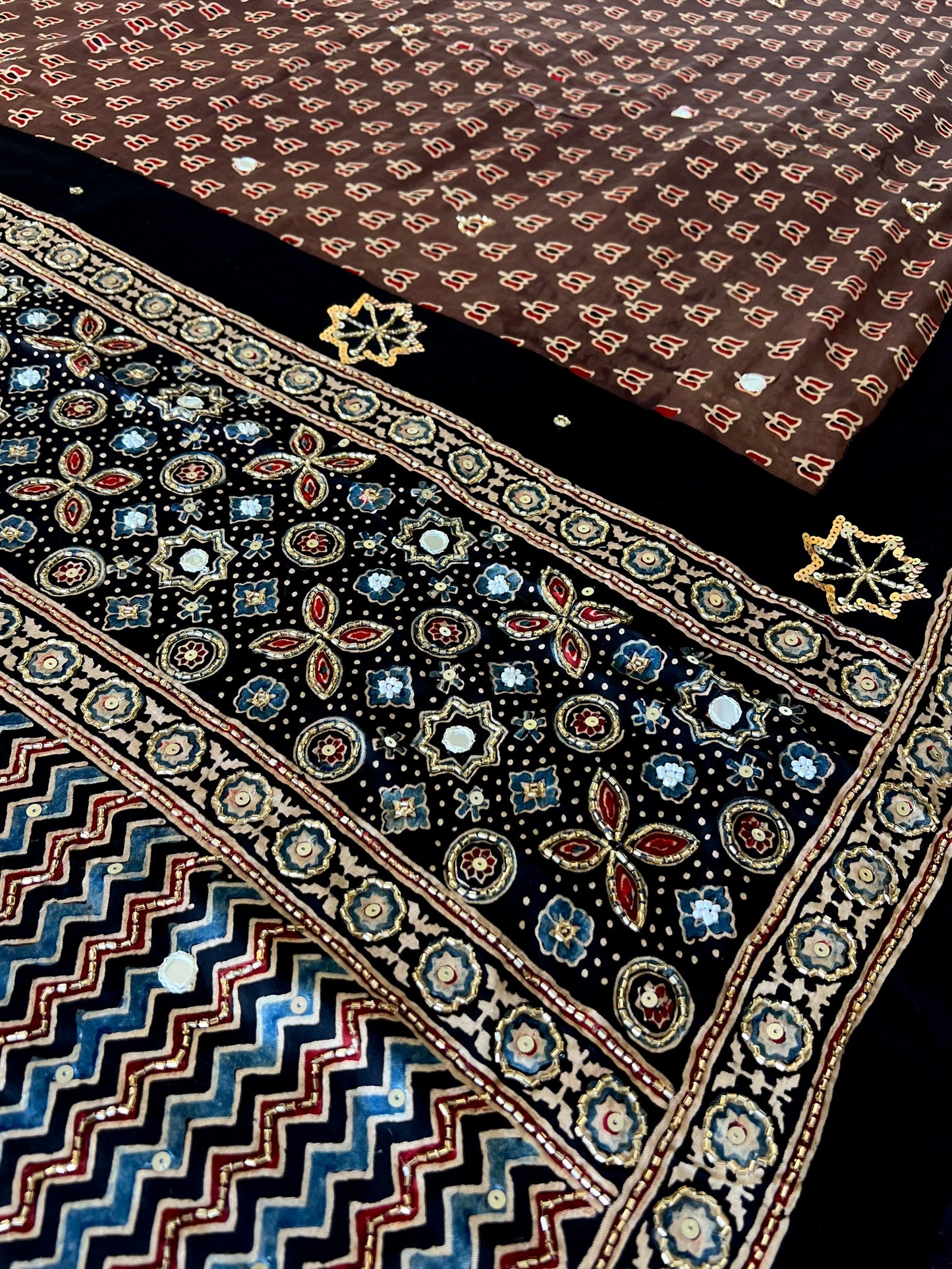 COCOA BLOOM - Pure Modal Ajrakh Hand Embroidered Saree