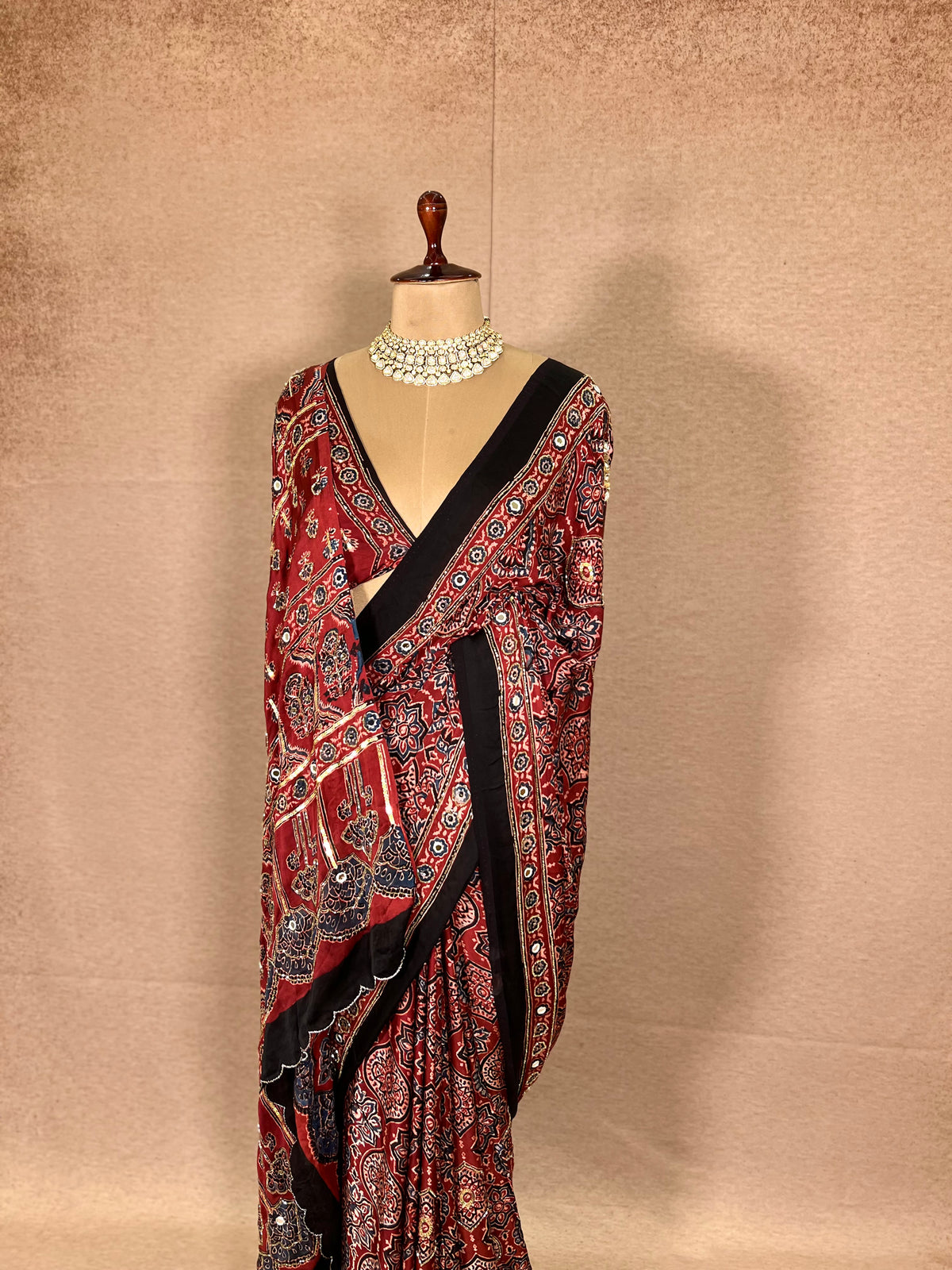CARMINE MUSE - Pure Modal Ajrakh Hand Embroidered Saree